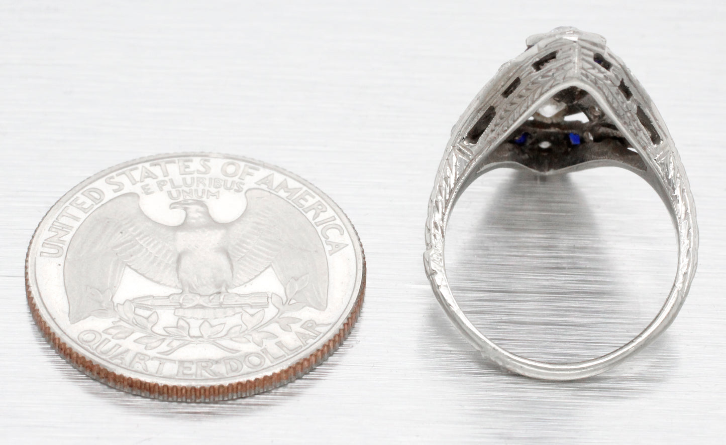 Antique Art Deco 1 ctw Diamond & Sapphire Marquise Cocktail Ring 14k White Gold