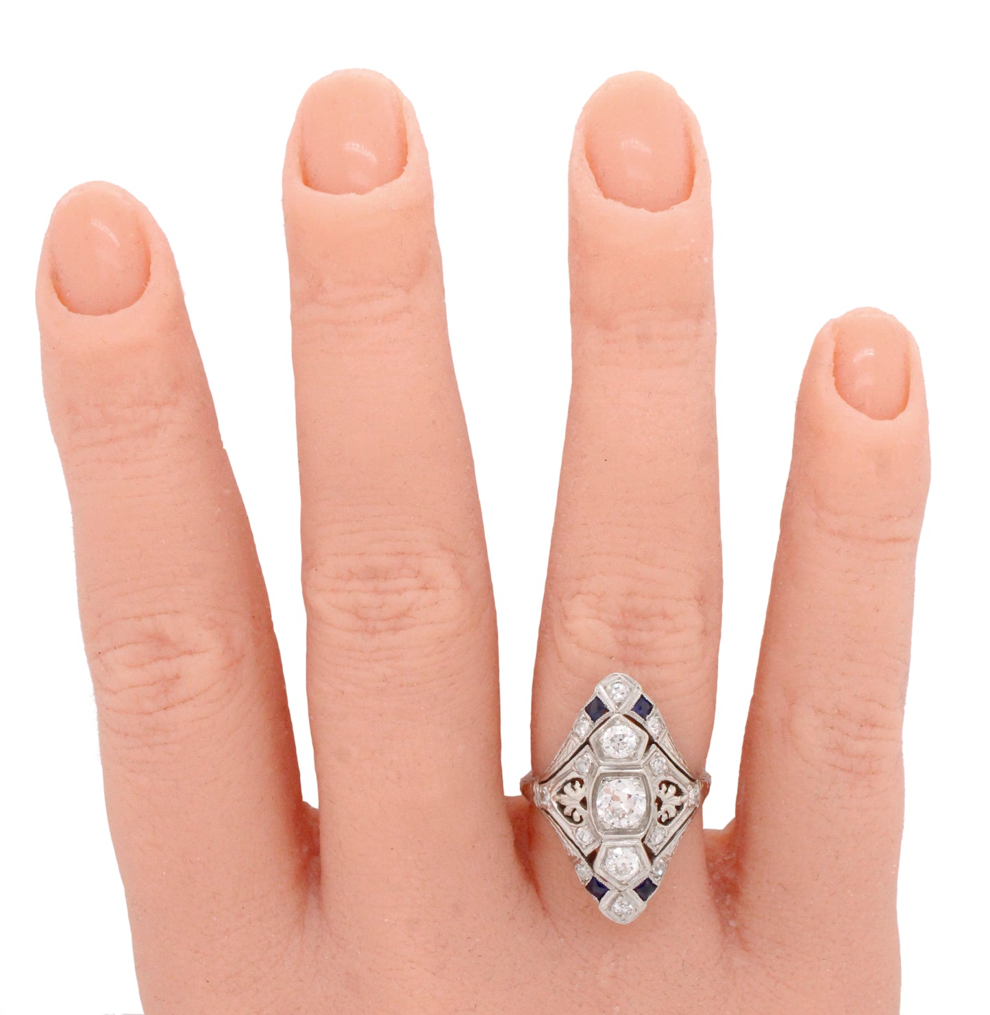 Antique Art Deco 1 ctw Diamond & Sapphire Marquise Cocktail Ring 14k White Gold