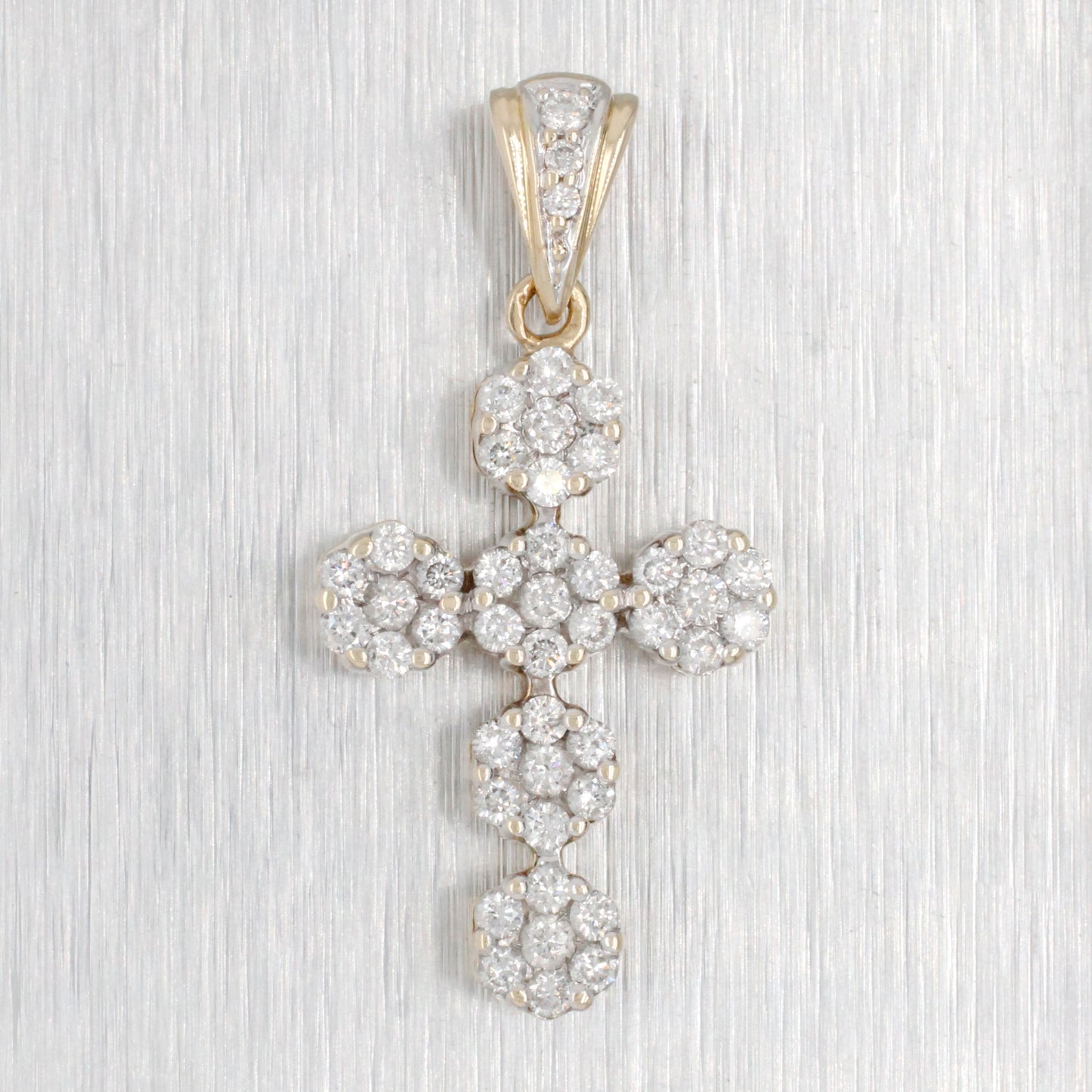 Vintage 0.50 ctw Diamond Cluster Cross Pendant - 14k Yellow Gold - Floral Motif