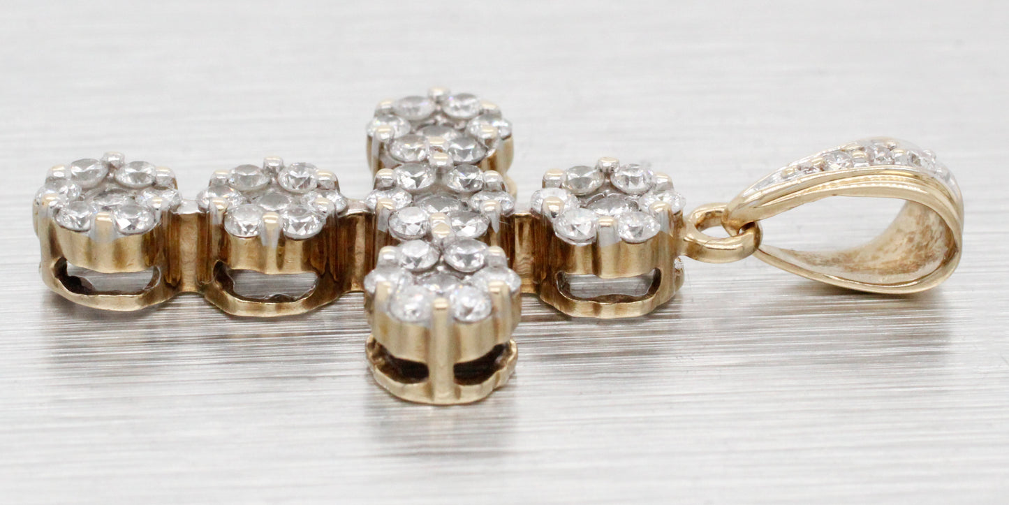 Vintage 0.50 ctw Diamond Cluster Cross Pendant - 14k Yellow Gold - Floral Motif
