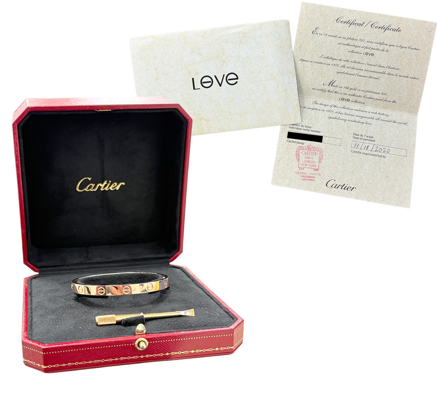 PAPERS Cartier LOVE Bracelet 18K ROSE Gold Size 17 AU 750 Screwdriver Band BOX