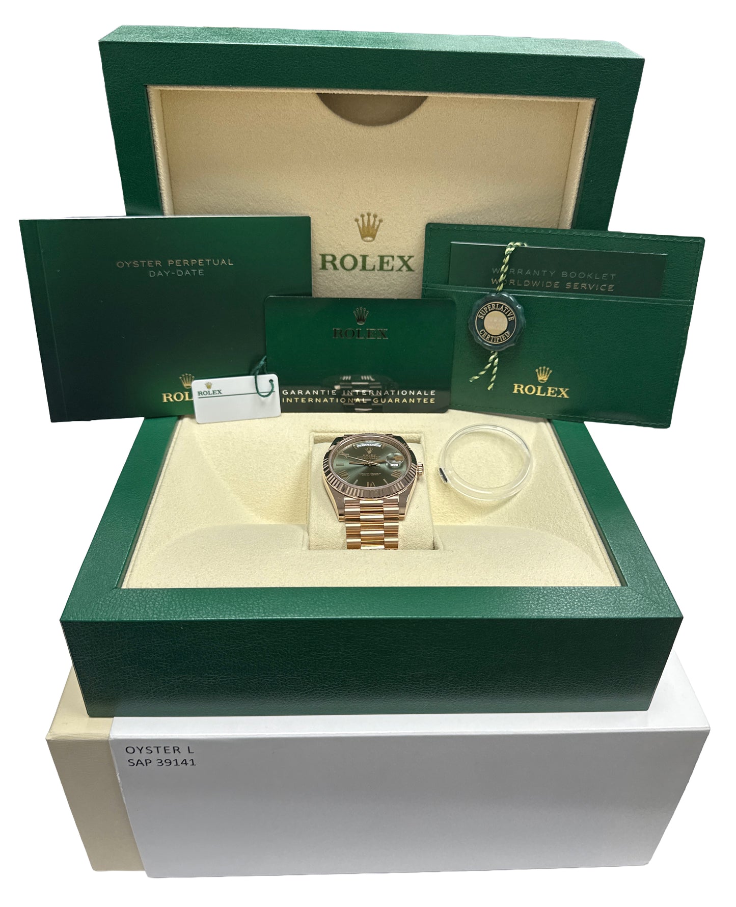 2024 PAPERS Rolex Day-Date President 40mm OLIVE GREEN 18K Rose Gold 228235 BOX
