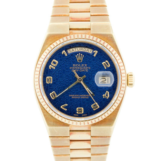 Rolex OysterQuartz Day-Date 18K Factory Blue Computer Arabic 19018 Box Papers