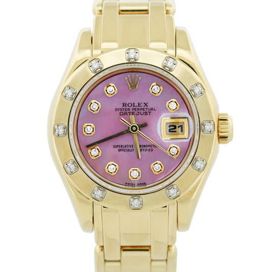 Ladies Rolex DateJust Pearlmaster DIAMOND MOP 18k Yellow Gold 29mm 69318 Watch