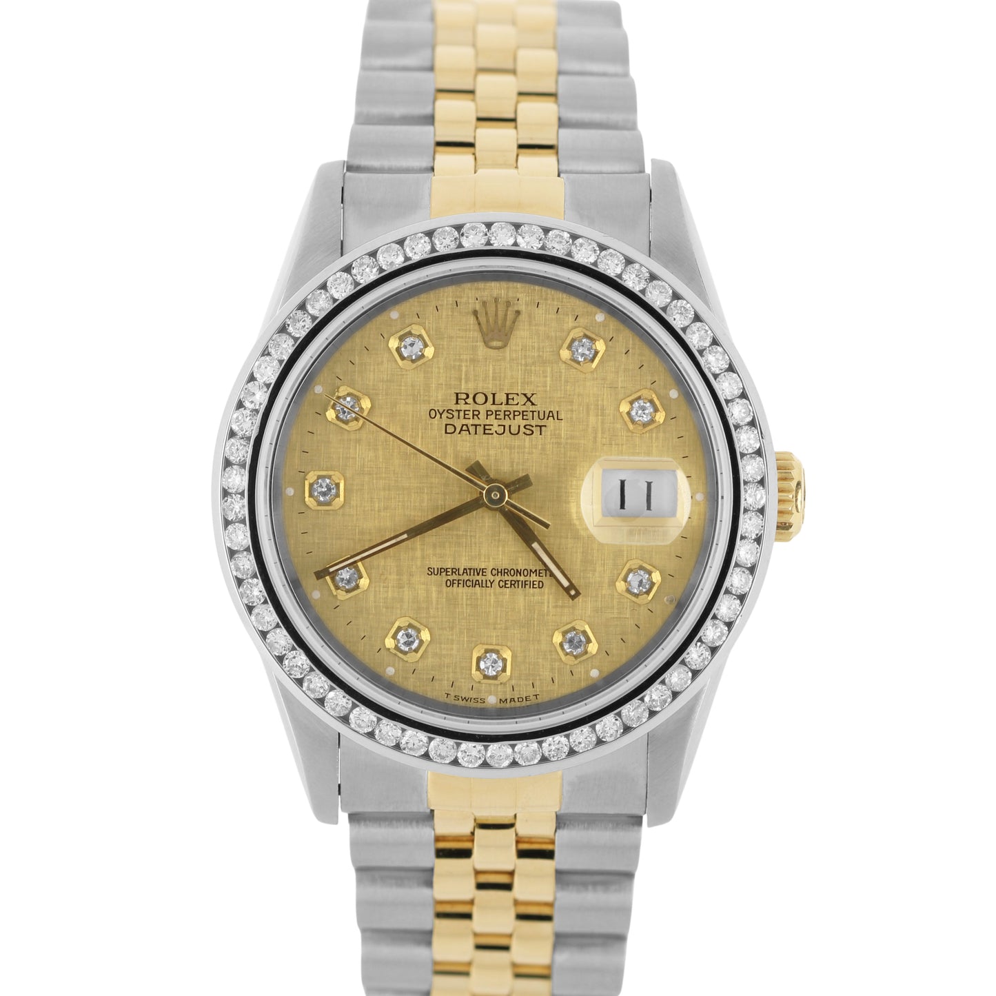 Rolex, Rolex Datejust, Datejust, Rolex Two-Tone, Two-Tone, Two-Tone Datejust, Rolex Linen, Rolex Champagne Linen, Linen, Champagne Linen, Rolex Diamond, Diamond Bezel, Diamond Dial, Rolex Champagne Linen Diamond, Champagne Linen Diamond, Linen Diamond, Rolex 16233, 16233
