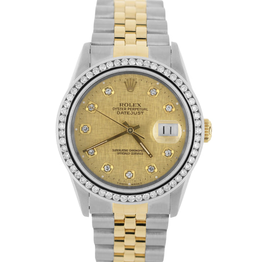 Rolex, Rolex Datejust, Datejust, Rolex Two-Tone, Two-Tone, Two-Tone Datejust, Rolex Linen, Rolex Champagne Linen, Linen, Champagne Linen, Rolex Diamond, Diamond Bezel, Diamond Dial, Rolex Champagne Linen Diamond, Champagne Linen Diamond, Linen Diamond, Rolex 16233, 16233