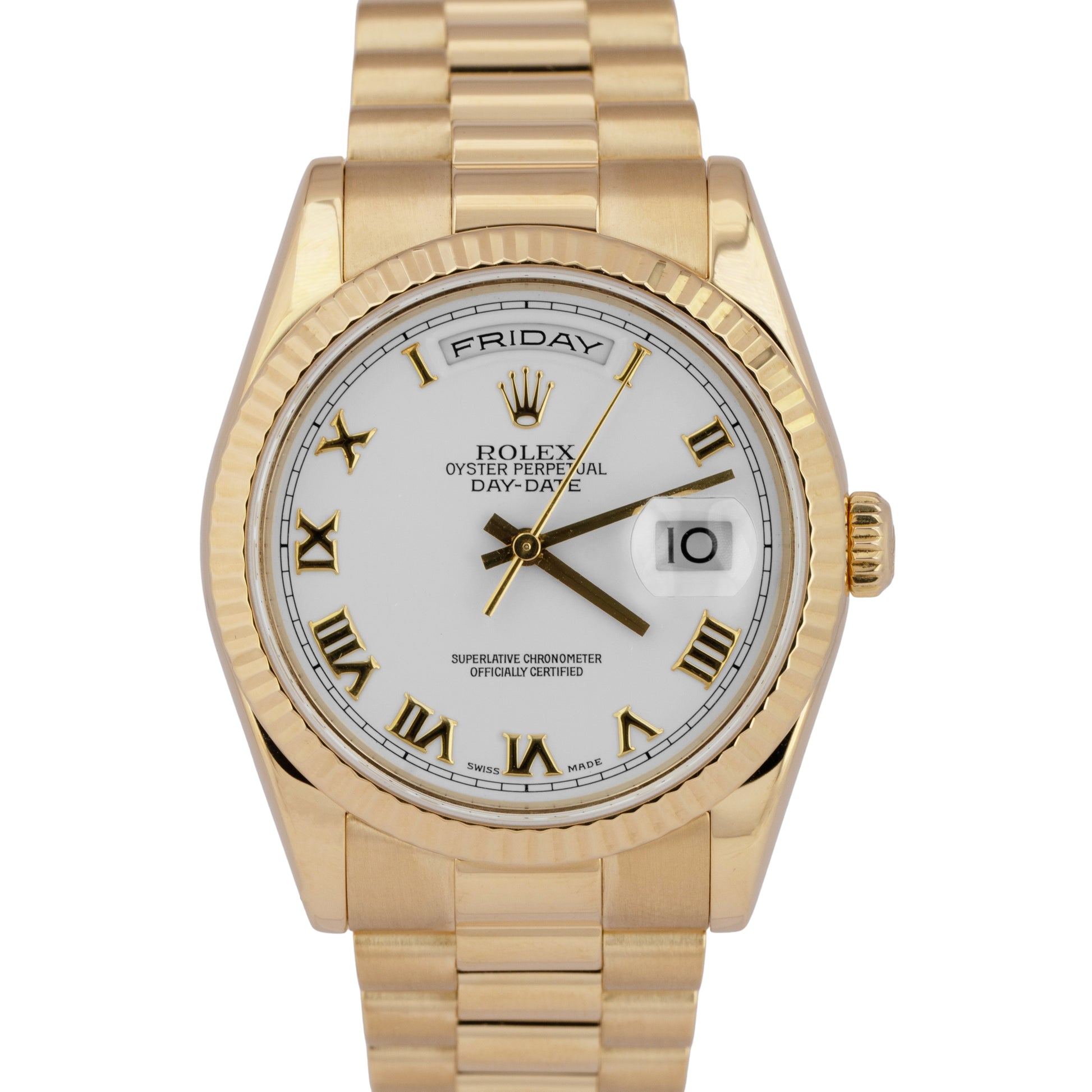 Rolex, Rolex Day-Date, Day-Date, Day Date, Rolex President, President, Day- Date President, Rolex Day-Date President, Rolex 18k Gold, Yellow Gold President, Rolex White Roman Numeral, Rolex White Roman, Rolex 118238, 118238