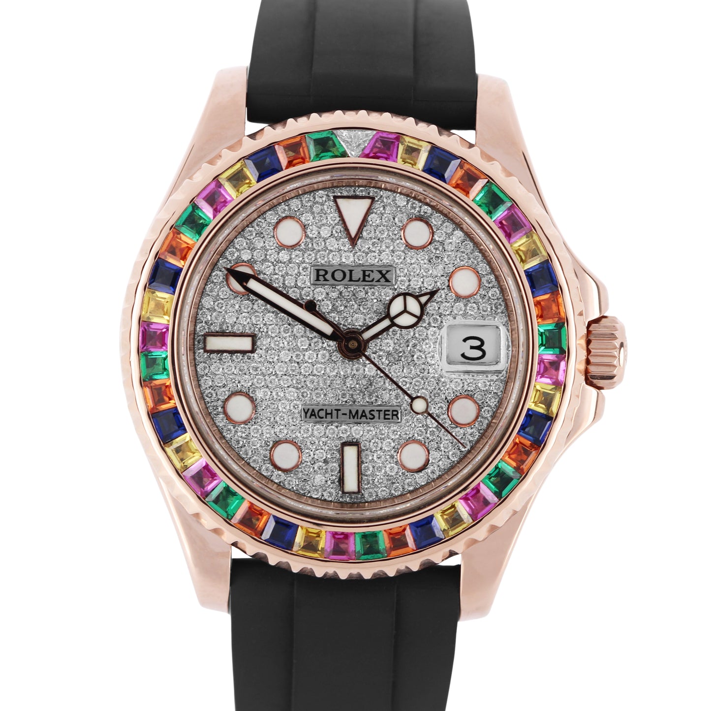 Rolex, Rolex Yacht-Master, Yacht-Master, Rolex 18k Rose Gold, Rose Gold Yacht-Master, Rolex DIAMOND PAVE Dial, DIAMOND PAVE, Rolex Diamond, Rolex RAINBOW GEMSTONE Bezel, Rolex Rainbow Gemstone, Rainbow Gemstone, Rolex 268655, 268655