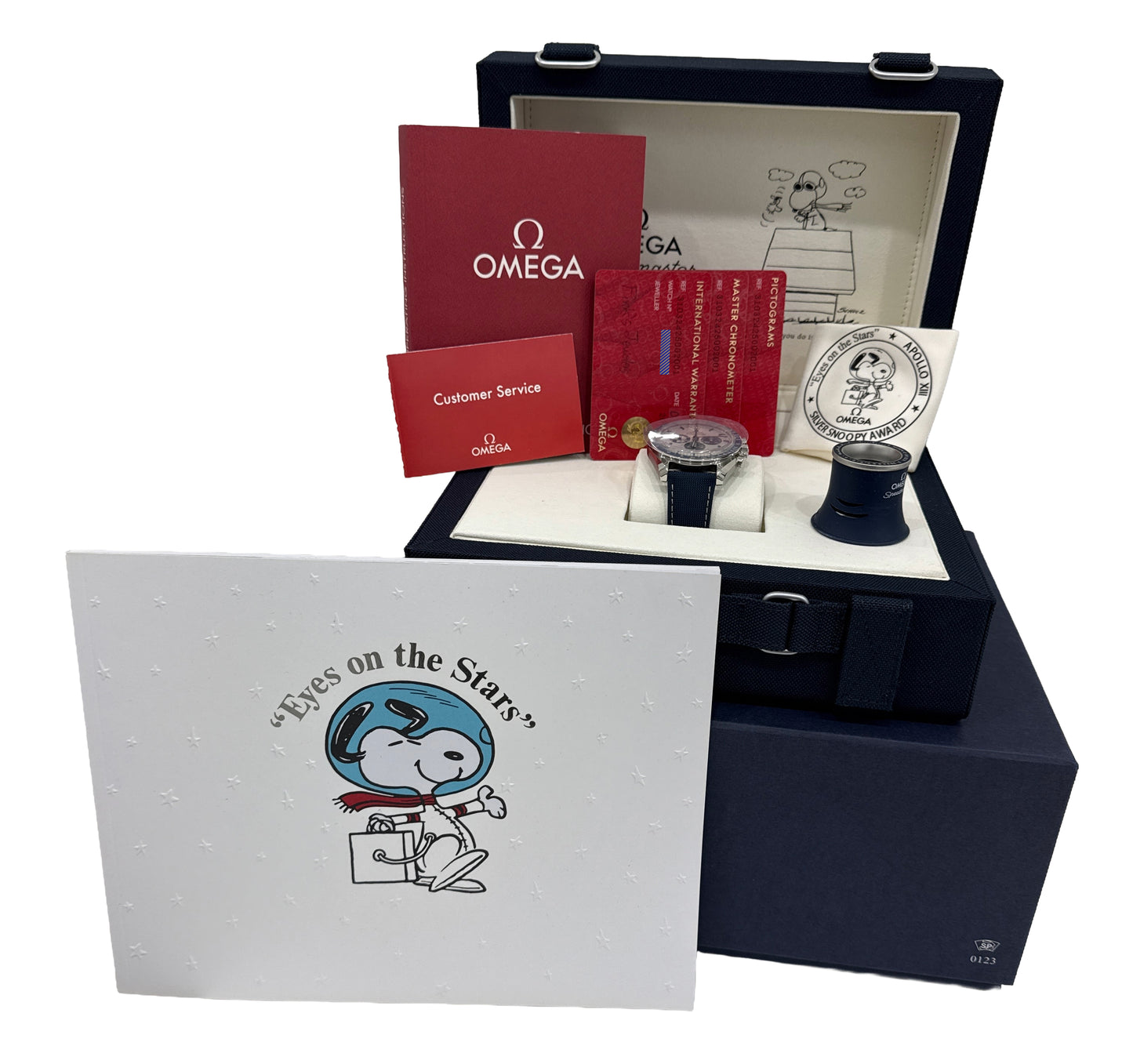 NEW PAPERS Omega Speedmaster SILVER SNOOPY AWARD BLUE 310.32.42.50.02.001 BOX