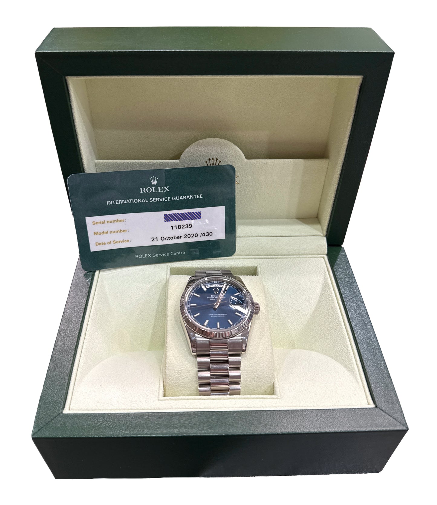 2020 RSC Rolex Day-Date President 36mm BLUE 18K White Gold 118239 Watch BOX