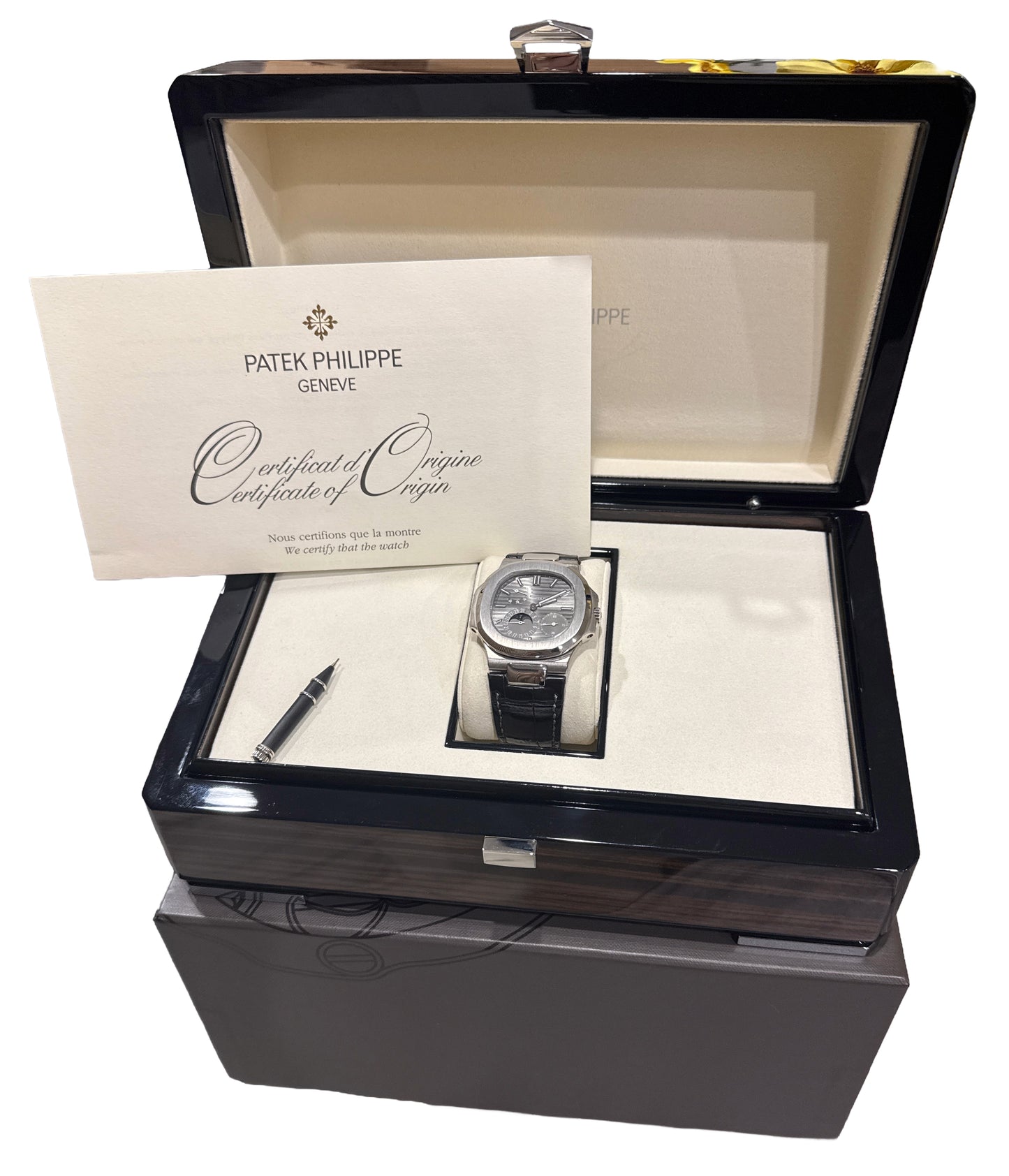 2009 PAPERS Patek Philippe Nautilus Gray Moon Phase 18K White Gold 5712G-001 BOX