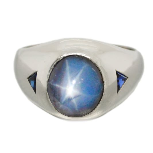 Men's Modern 7ct Blue Star Sapphire Band Ring  - 18k White Gold | Size 10.5