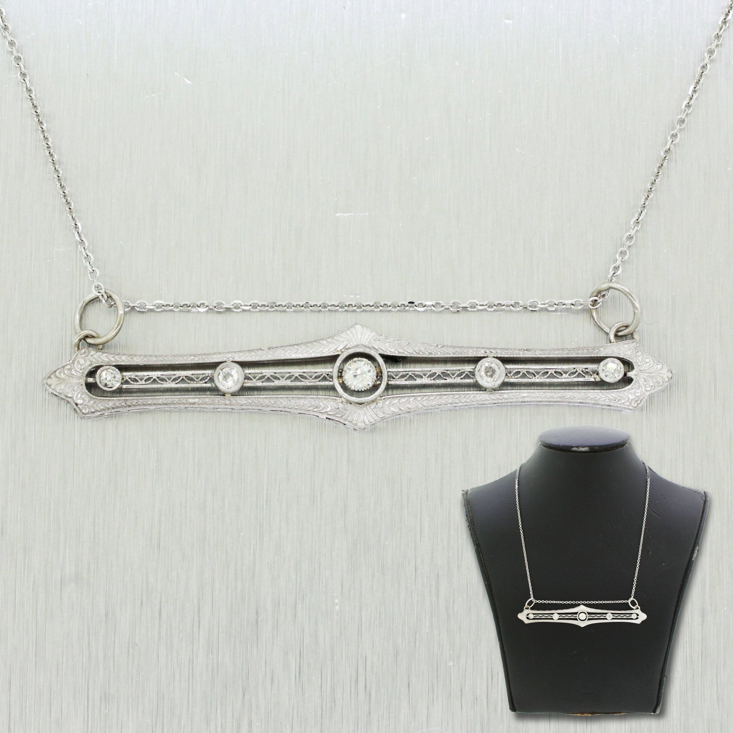 Antique Art Deco 0.45ctw Diamond Filigree Bar Pendant - 14k White Gold Necklace