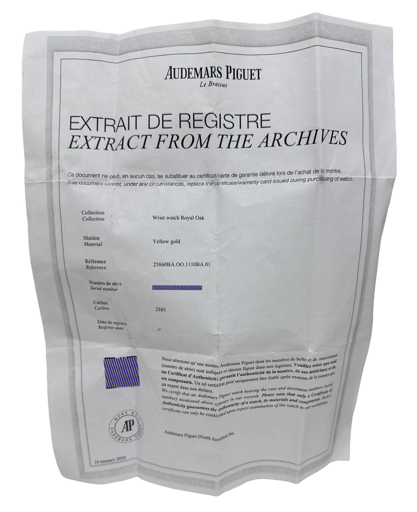 2024 ARCHIVES Audemars Piguet Royal Oak Chronograph 18k Gold BLUE 39mm 25860BA