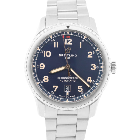 MINT 2022 PAPERS Breitling Aviator 8 BLUE Arabic Automatic Date Watch A17315 BOX