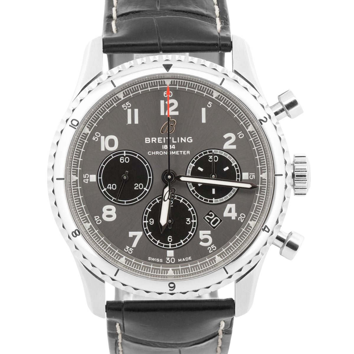 Breitling Aviator AB0119 B01 Chronograph Rhodium Leather Steel 43mm Box Papers