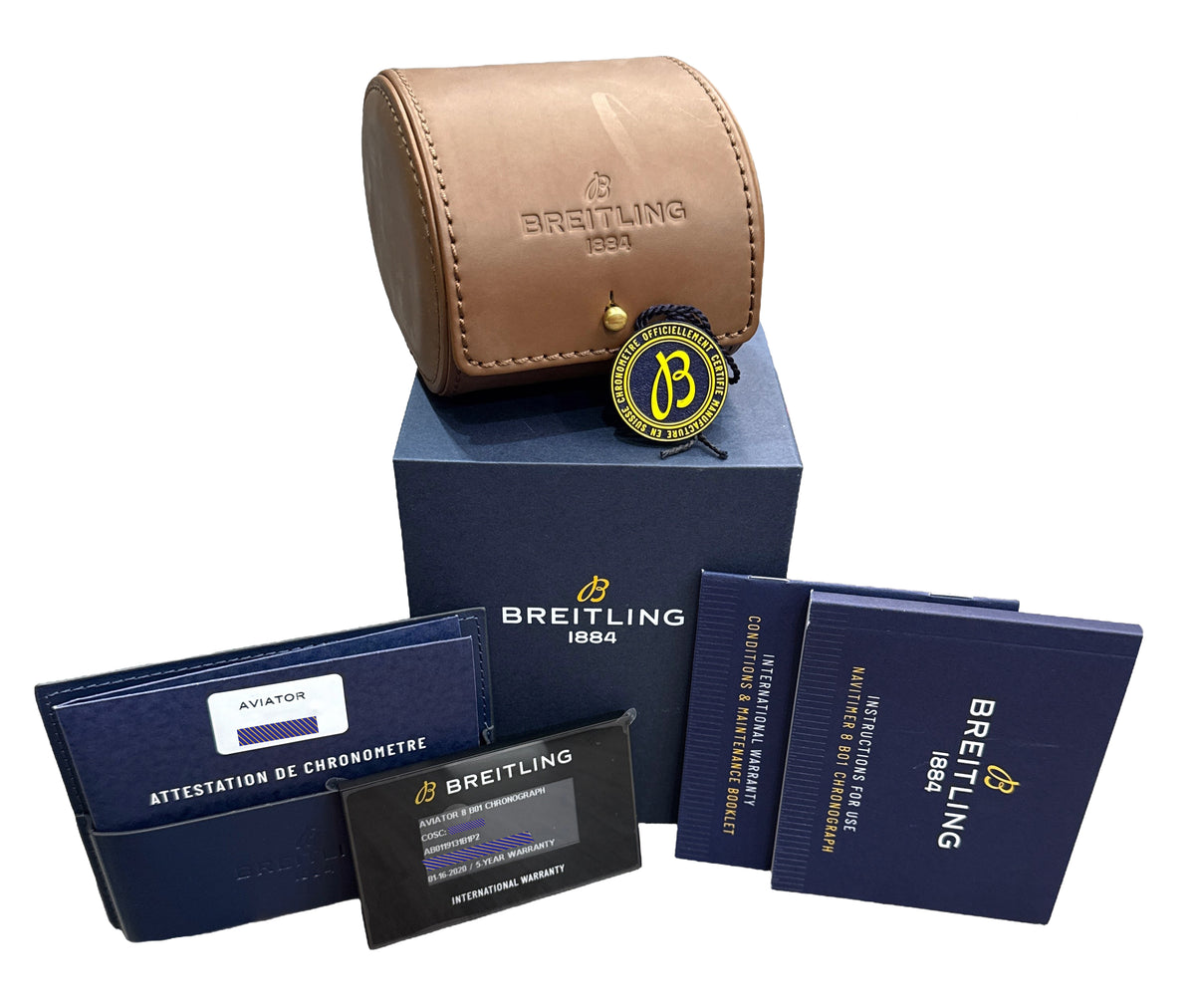 Breitling Aviator AB0119 B01 Chronograph Rhodium Leather Steel 43mm Box Papers