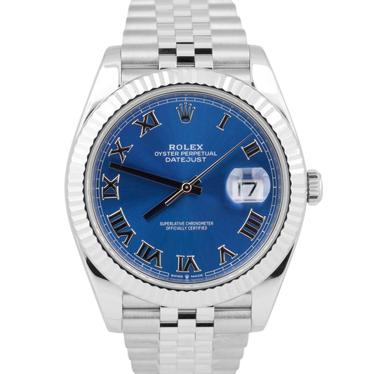 MINT 2022 PAPERS Rolex DateJust 41 AZZURRO BLUE 18K Fluted JUBILEE 126334 B+P