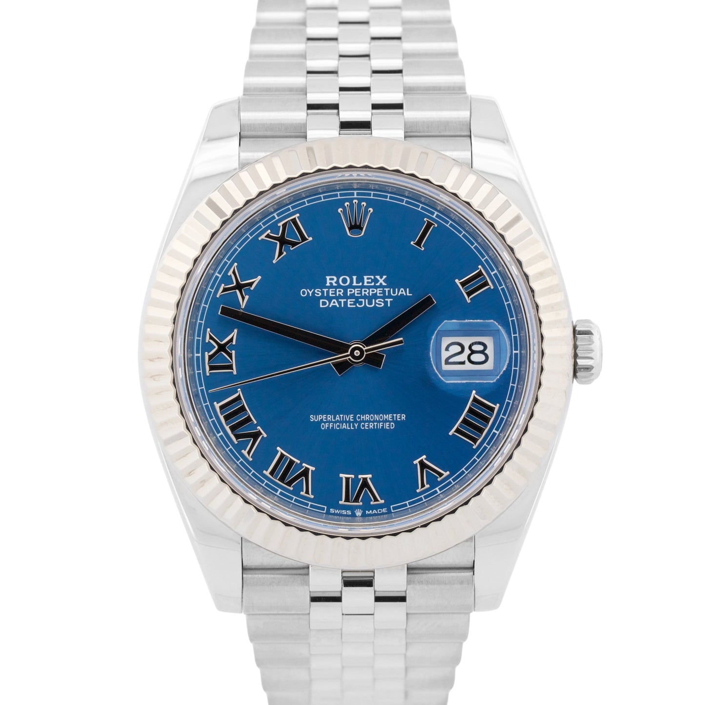 2023 PAPERS Rolex DateJust 41mm AZZURRO BLUE ROMAN 18K Steel JUBILEE 126334 BOX
