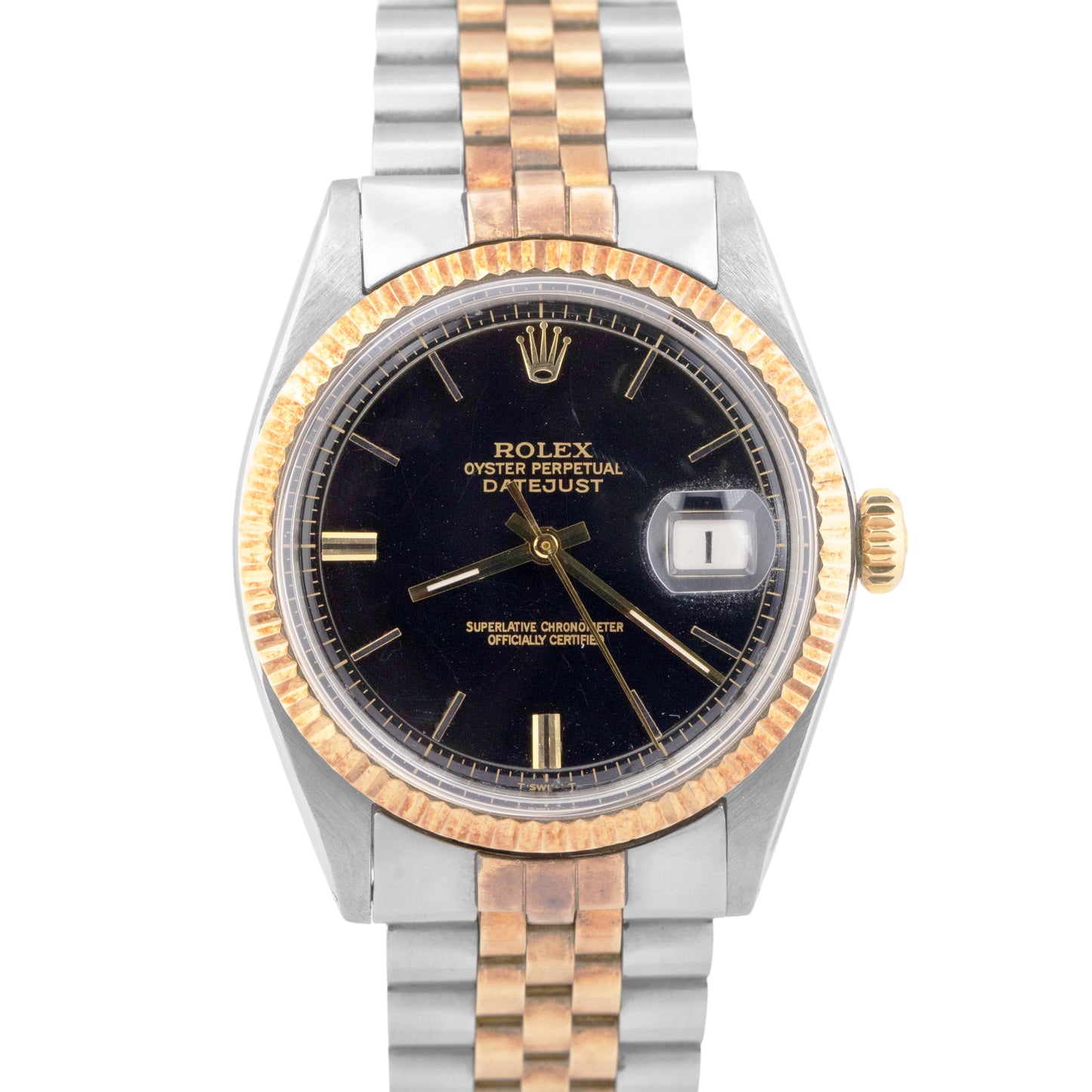 TOP CONDITION 1971 Rolex DateJust 36mm Black 14K Gold Two-Tone Steel Watch 1601