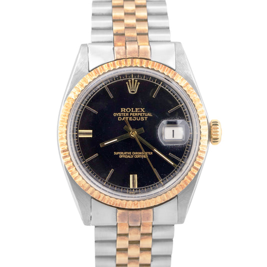 TOP CONDITION 1971 Rolex DateJust 36mm Black 14K Gold Two-Tone Steel Watch 1601