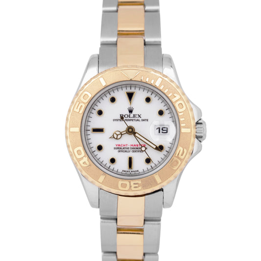 Ladies Rolex Yacht-Master PAPERS 29mm 169623 White 18K Gold Steel Date Watch BOX