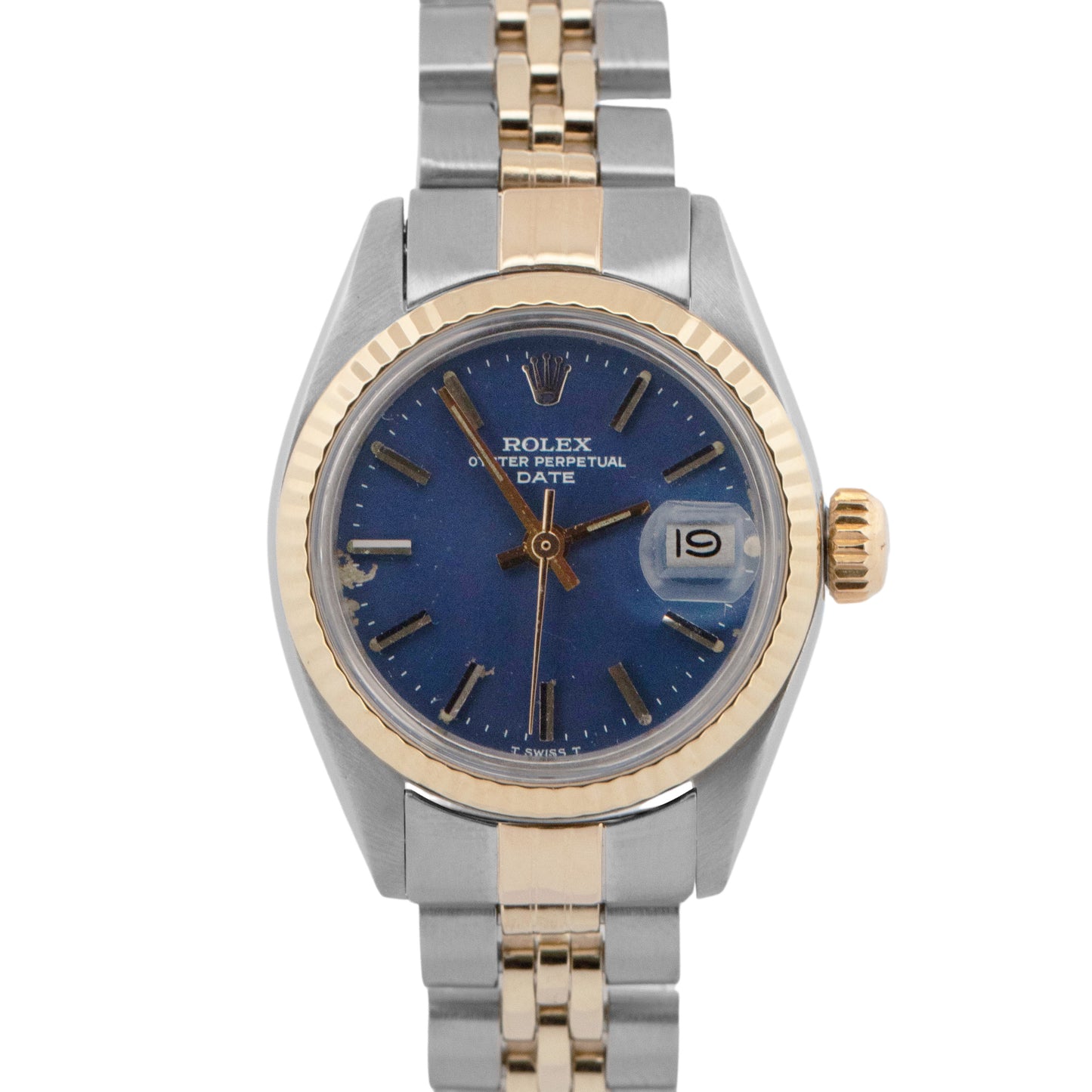 Ladies Rolex Oyster Perpetual Date 26 BLUE Yellow Gold Fluted JUBILEE 6917 Watch