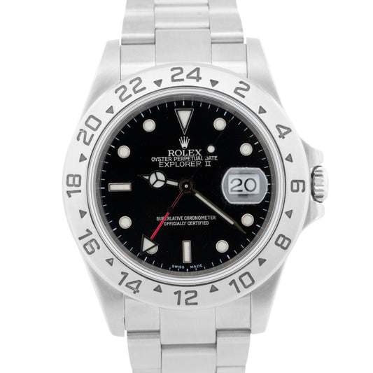 Rolex Explorer II Black 16570 SOLID END LINK 40mm Red GMT Stainless Steel Watch