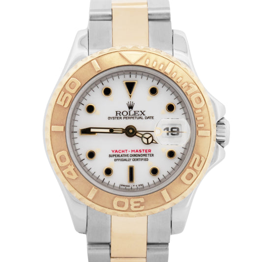 Ladies Rolex Yacht-Master 29mm 69623 White 18K Yellow Gold Steel Date Dive Watch