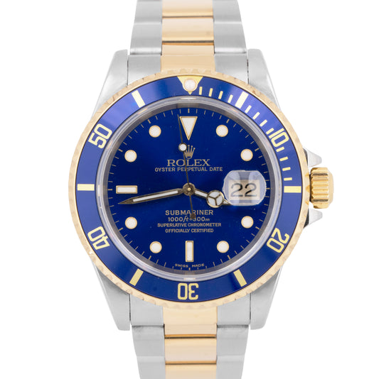 MINT 1996 Rolex Submariner Date 40mm BLUE Two-Tone Gold Stainless Steel 16613