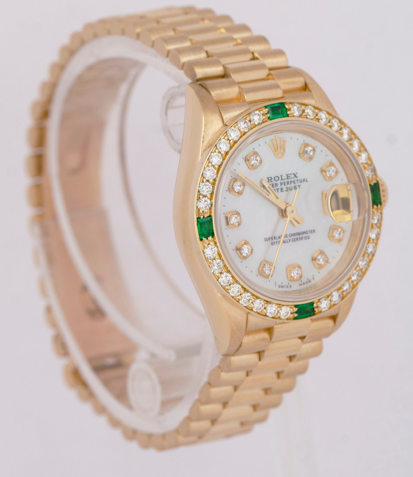 MINT Ladies Rolex DateJust President 26mm Diamond Emerald 18K Gold 69178 Watch