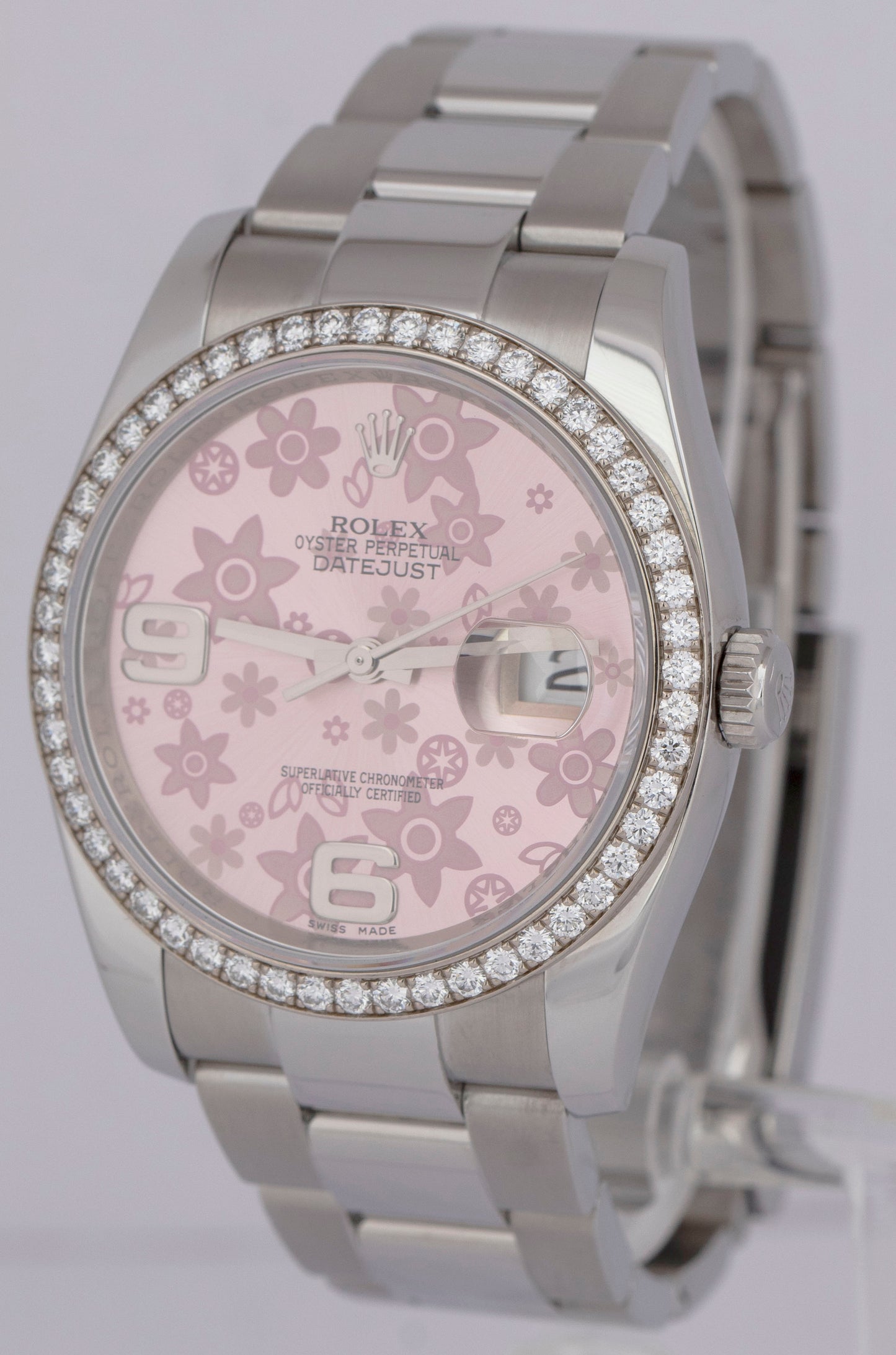 MINT Rolex DateJust 36mm FACTORY DIAMOND BEZEL Pink Floral Watch 116244 BOX