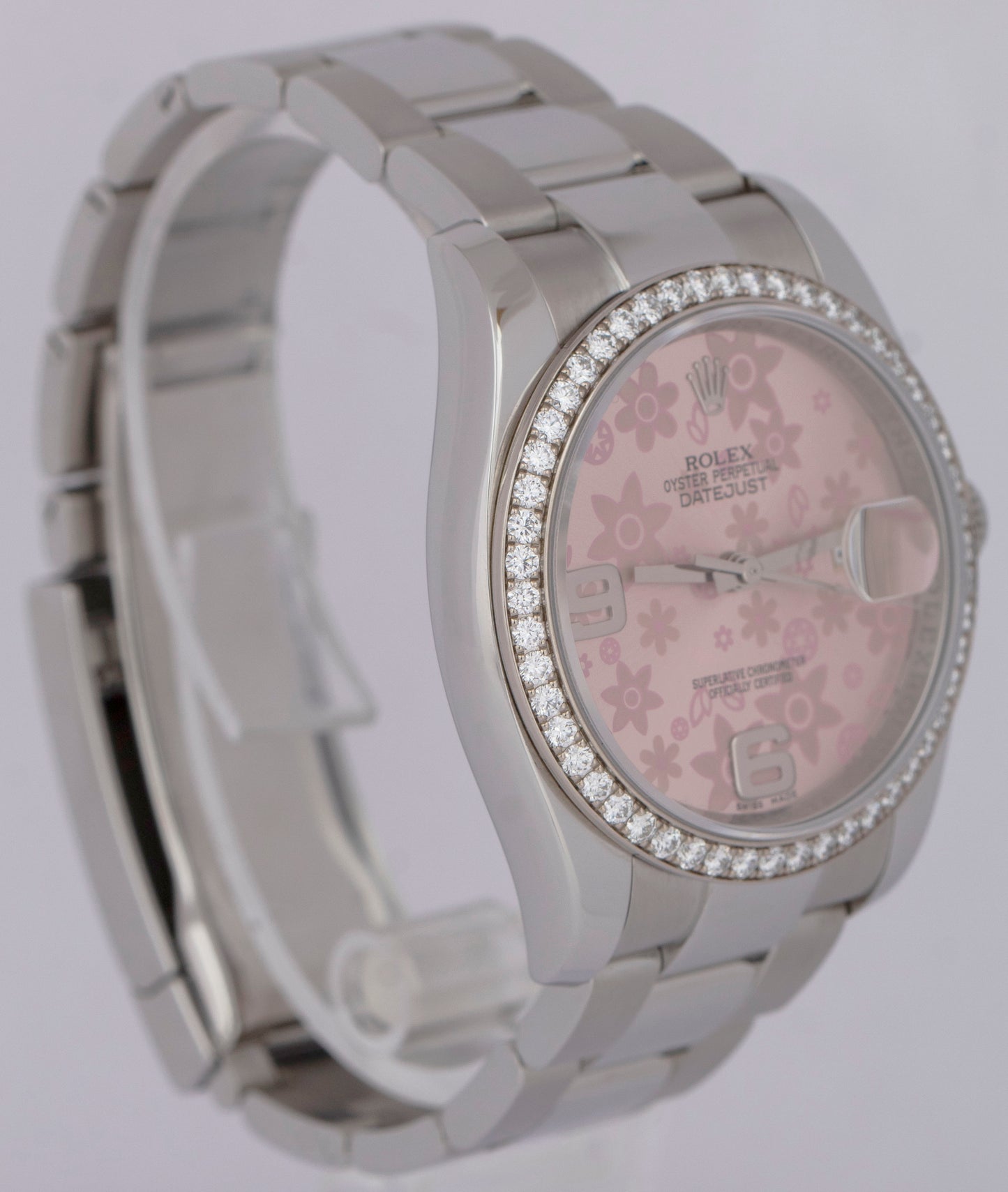 MINT Rolex DateJust 36mm FACTORY DIAMOND BEZEL Pink Floral Watch 116244 BOX