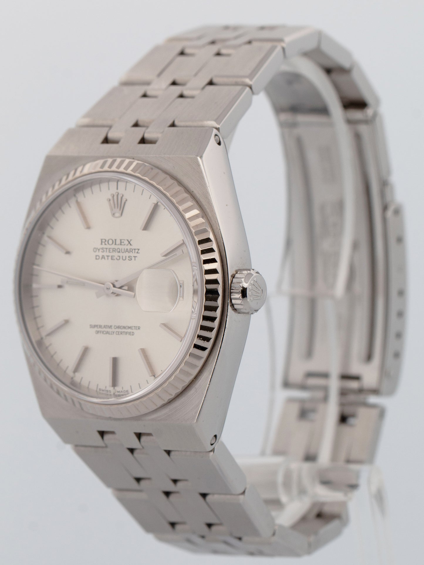 2001 Rolex OysterQuartz DateJust SILVER 36mm Steel 18K Gold Fluted Watch 17014