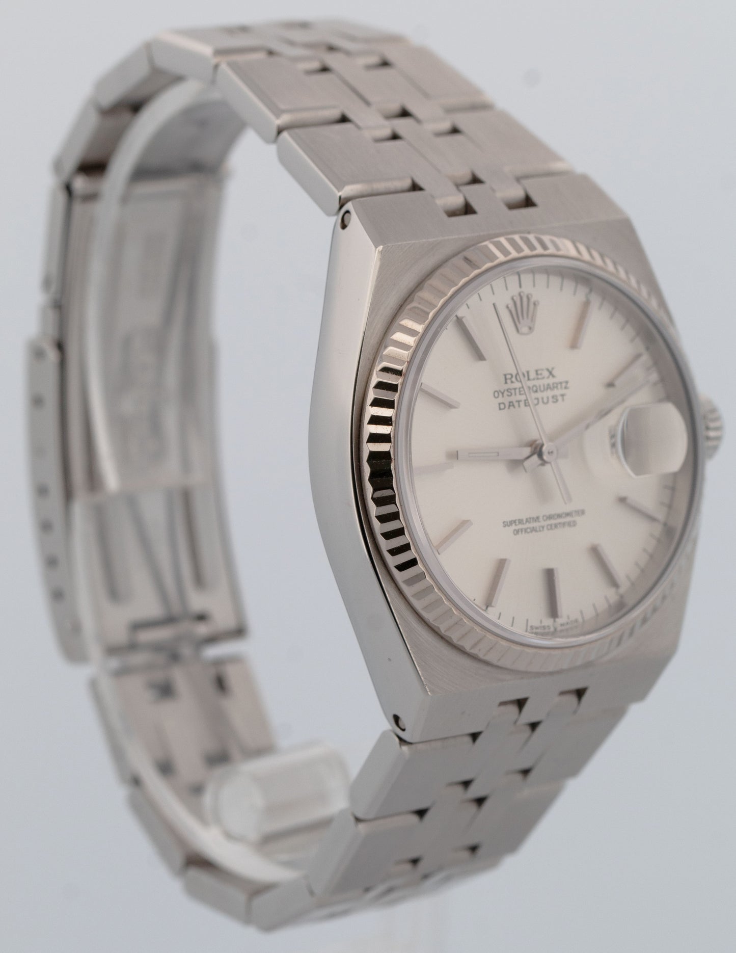 2001 Rolex OysterQuartz DateJust SILVER 36mm Steel 18K Gold Fluted Watch 17014