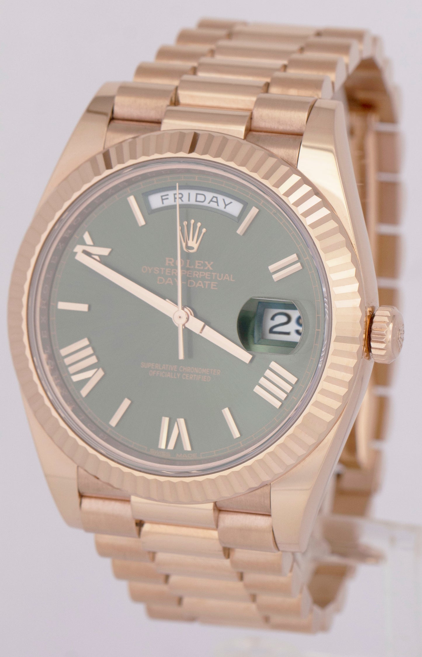 MINT PAPERS Rolex Day-Date 40mm OLIVE Green President 18K Rose Gold 228235 BOX