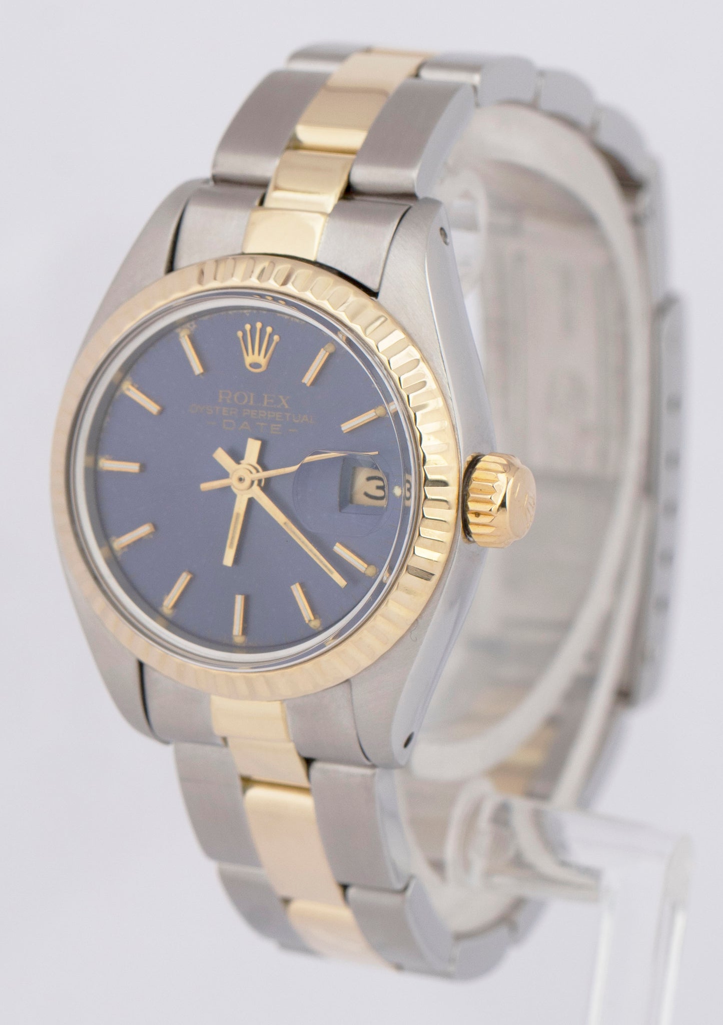 MINT Rolex Oyster Perpetual Date 26mm BLUE Two-Tone 18K Gold Fluted 6917 Watch