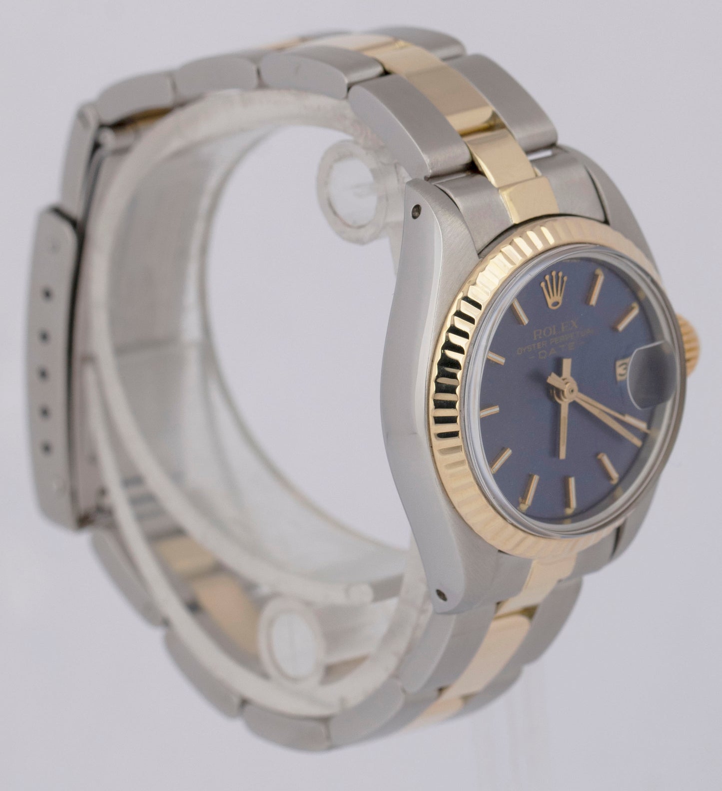 MINT Rolex Oyster Perpetual Date 26mm BLUE Two-Tone 18K Gold Fluted 6917 Watch