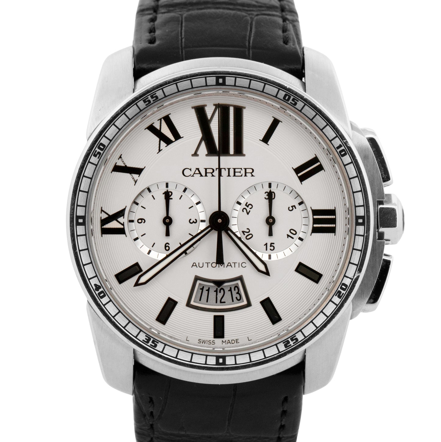 Cartier Calibre Chronograph 42mm White Roman Leather Date 3578 / W7100046 Watch