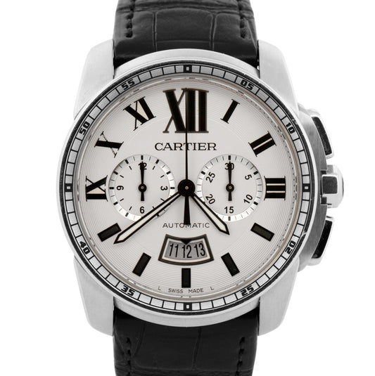 Cartier Calibre Chronograph 42mm White Roman Leather Date 3578 / W7100046 Watch
