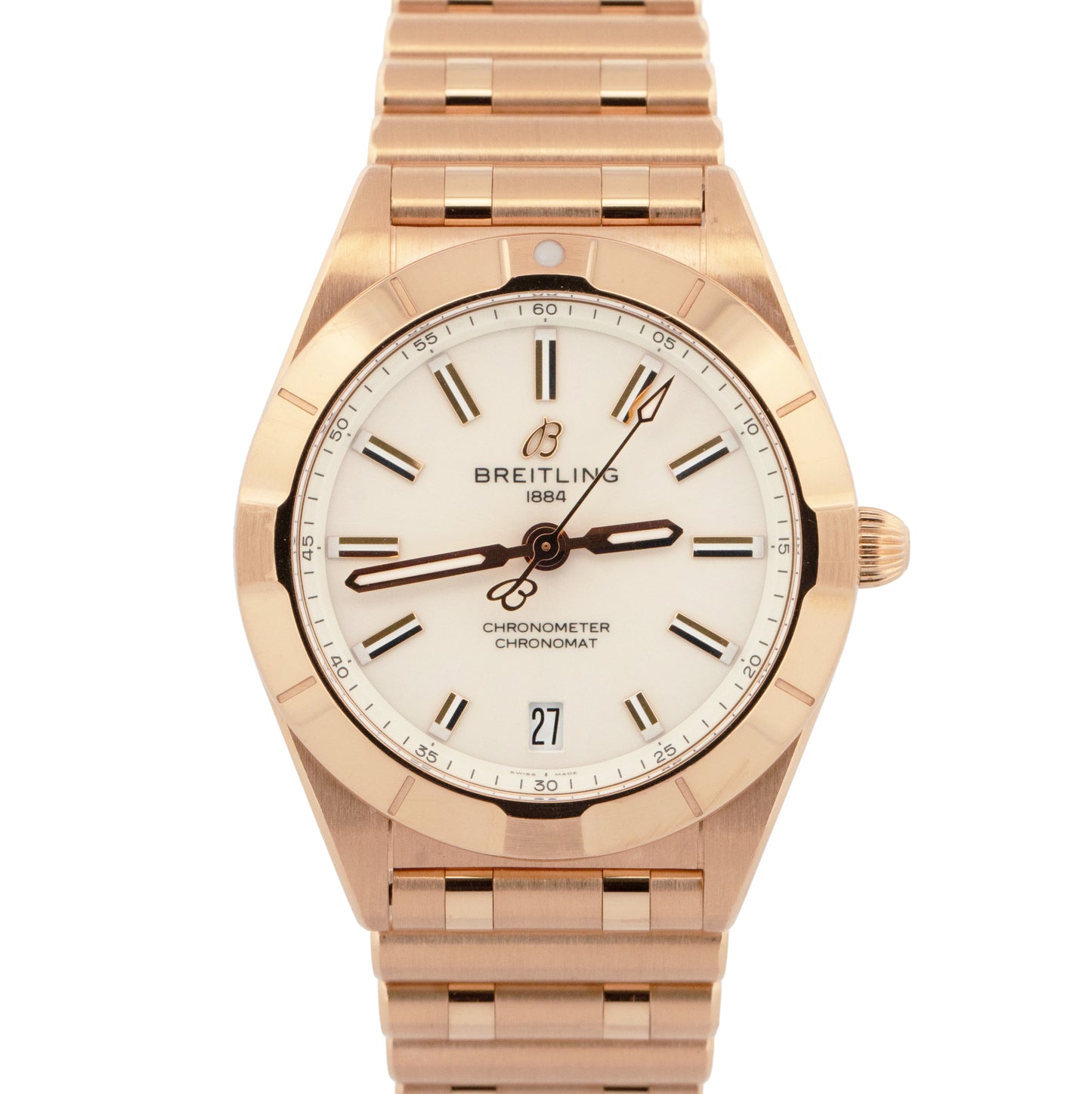 PAPERS Breitling Chronomat 32mm 18K Rose Gold R77310 White Quartz Date Watch BOX