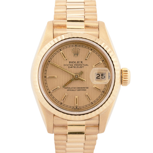Ladies Rolex DateJust President 26mm CHAMPAGNE TAPESTRY 18K Fluted 69178 BOX