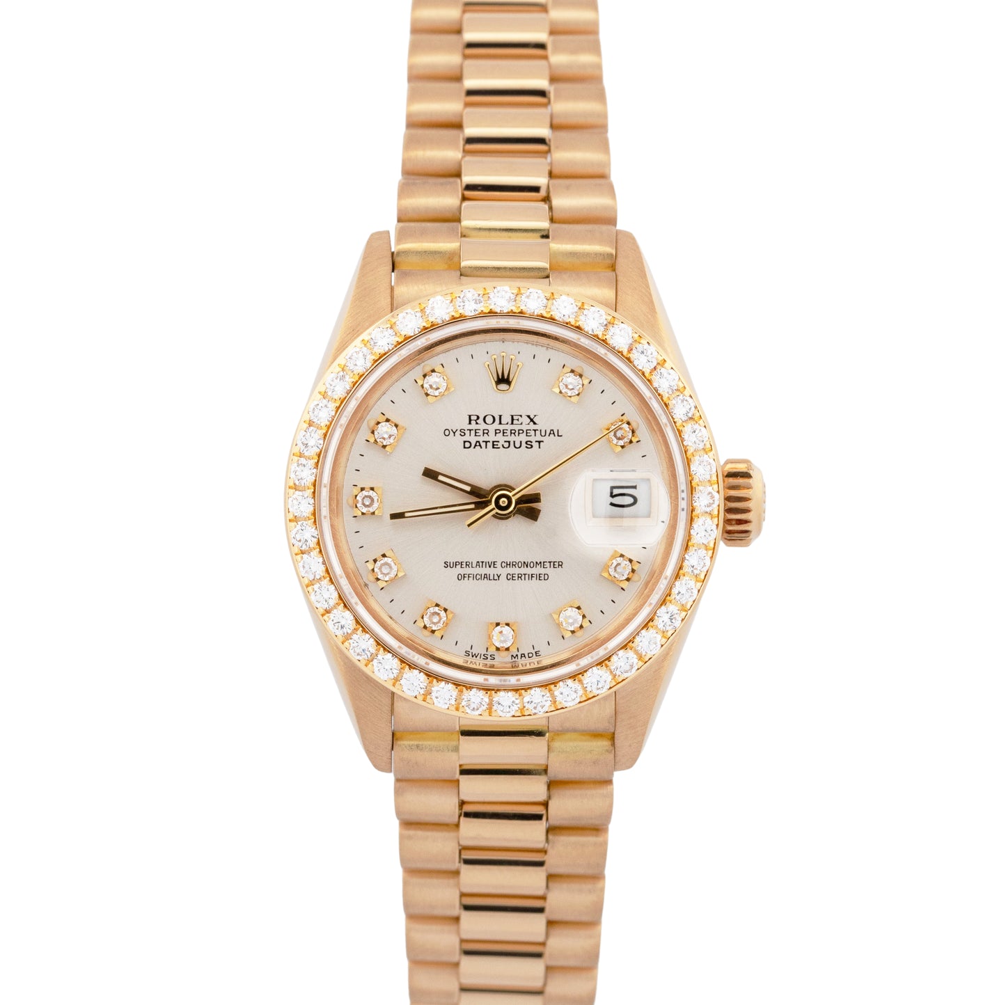 Ladies Rolex DateJust President 26mm FACTORY DIAMOND 18K Yellow Gold Watch 69138