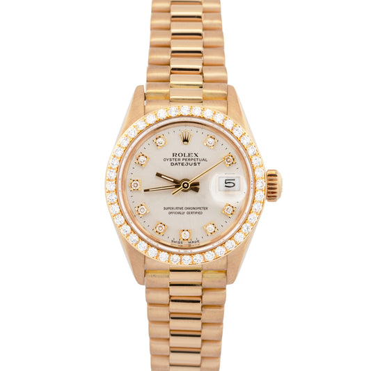 Ladies Rolex DateJust President 26mm FACTORY DIAMOND 18K Yellow Gold Watch 69138