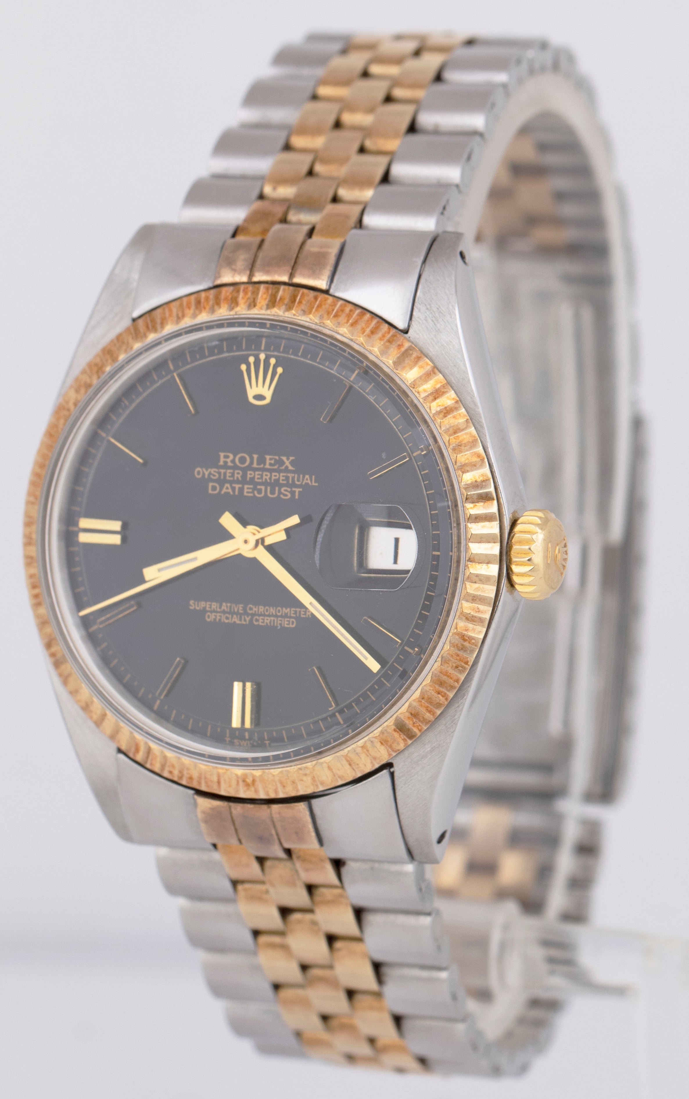 Top Condition 1971 Rolex Datejust 36mm Black 14K Gold Two Tone Steel Watch 1601