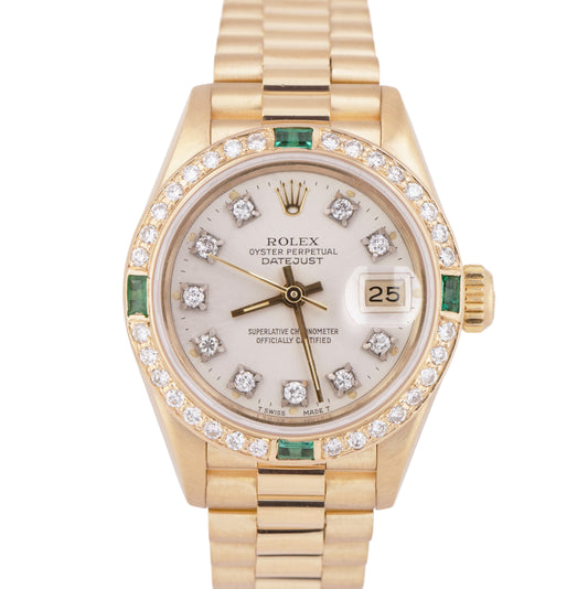 MINT Ladies Rolex DateJust President 26mm Diamond Emerald 18K Gold 69178 Watch