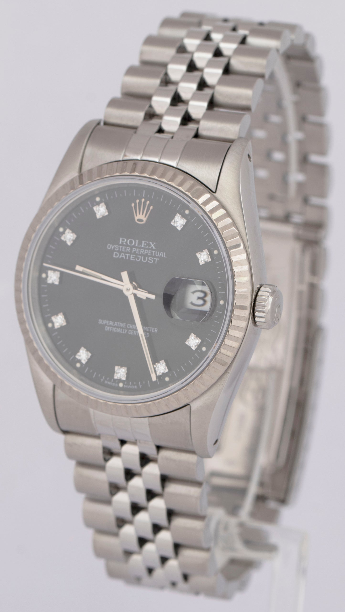 MINT PAPERS Rolex DateJust 36mm FACTORY Black Diamond 18K Fluted Watch 16234 BOX