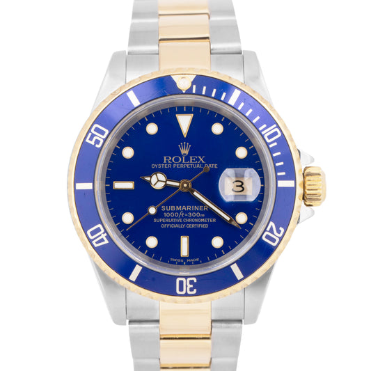 MINT 2003 PAPERS Rolex Submariner Date 40mm 18K GOLD BUCKLE Blue Steel 16613 BOX