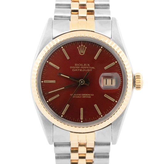 Rolex DateJust 36mm RED 18K Two-Tone Yellow Gold Stainless JUBILEE Watch 16013