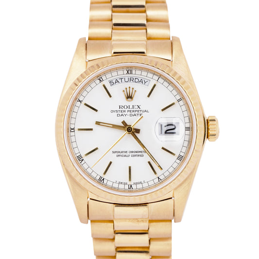 1982 Rolex Day-Date President 36mm White 18K Yellow Gold Fluted Watch 18038